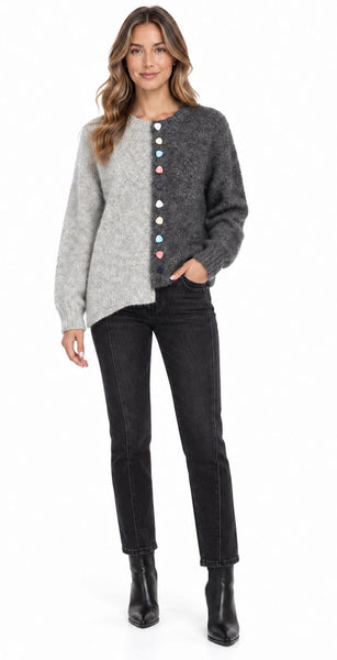 GREY COLORFUL BUTTON FRONT 2 TONE CARDIGAN Cardigan NIKKY 
