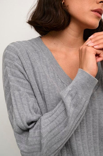 GREY LONG SLEEVE V NECK SWEATER Top Kaffe 