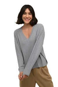 GREY LONG SLEEVE V NECK SWEATER Top Kaffe XS Grey 