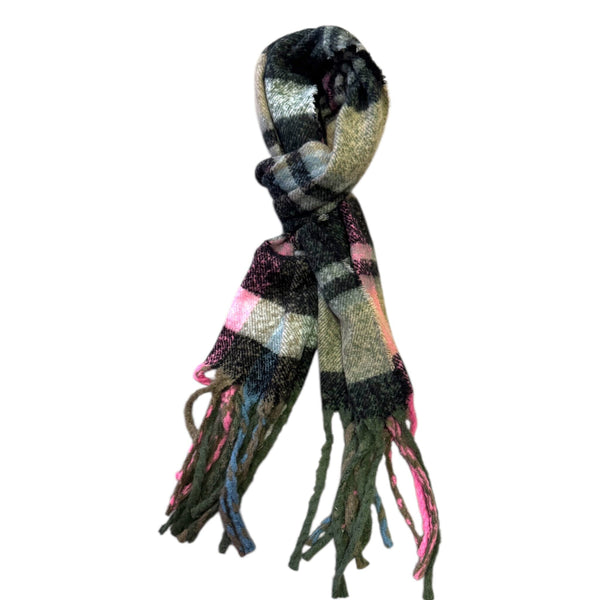 GREY PINK MIX SOFT PLAID FRINGE SCARF Scarf FashionWear Canada 