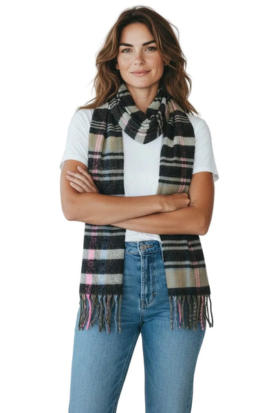 GREY PINK MIX SOFT PLAID FRINGE SCARF Scarf FashionWear Canada Grey/Pink 