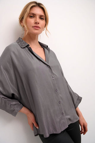 GREY SATIN BUTTON DOWN COLLAR SHIRT Blouse CREAM 