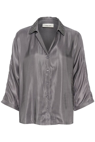 GREY SATIN BUTTON DOWN COLLAR SHIRT Blouse CREAM 