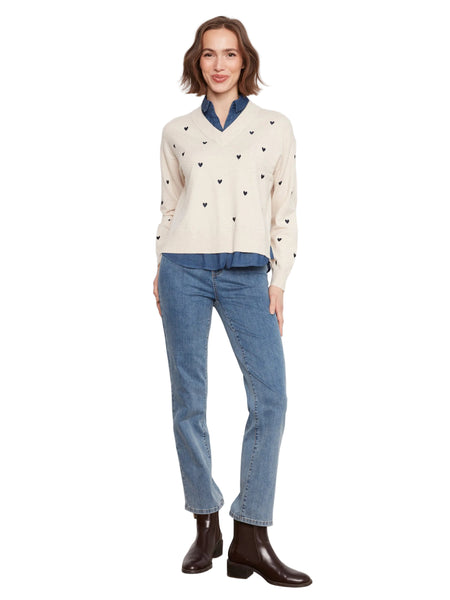 HEART EMBROIDERED LONG SLEEVE FOOLER SWEATER SWEATER Charlie B 