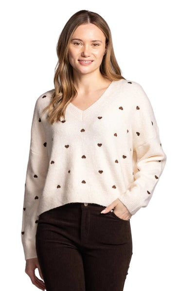 IVORY COZY BROWN MINI HEART INIMA SWEATER SWEATER Pink Martini XS Ivory/Brown Hearts 