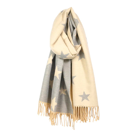 IVORY GREY STAR REVERSIBLE TASSEL SCARF Scarf FashionWear Canada Ivory/Grey 