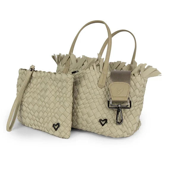 KHAKI SMALL WOVEN TOTE FRINGED TOP Handbag prenelove 