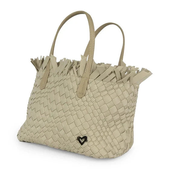 KHAKI SMALL WOVEN TOTE FRINGED TOP Handbag prenelove 