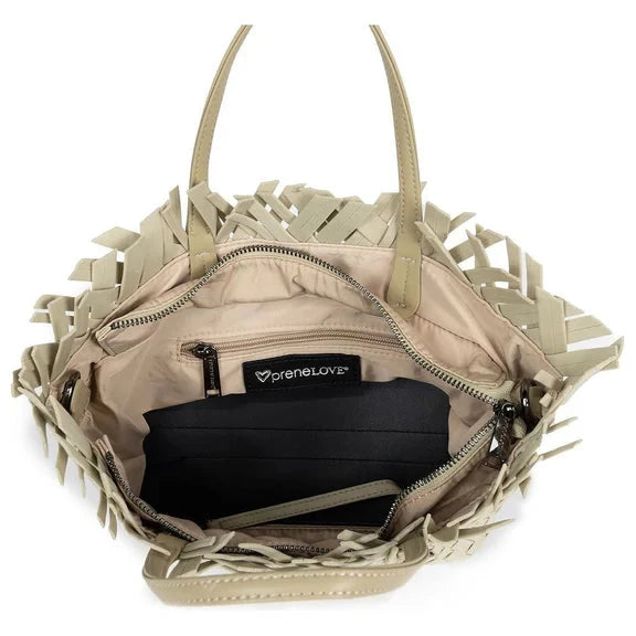 KHAKI SMALL WOVEN TOTE FRINGED TOP Handbag prenelove 