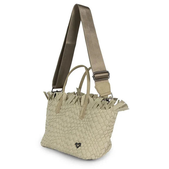 KHAKI SMALL WOVEN TOTE FRINGED TOP Handbag prenelove 