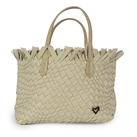 KHAKI SMALL WOVEN TOTE FRINGED TOP Handbag prenelove 