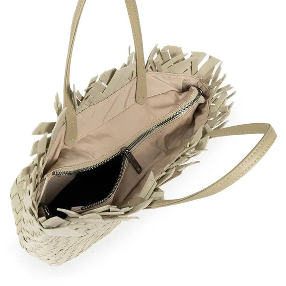 KHAKI SMALL WOVEN TOTE FRINGED TOP Handbag prenelove 