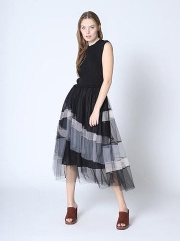 KNIT TOP TULLE TIERED BOTTOM DRESS Dress FashionWear Collection S Black/Grey Mix 