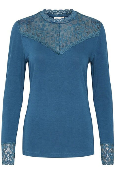 LACE EMBELLISHED BLUE LONG SLEEVE TOP Top CREAM 