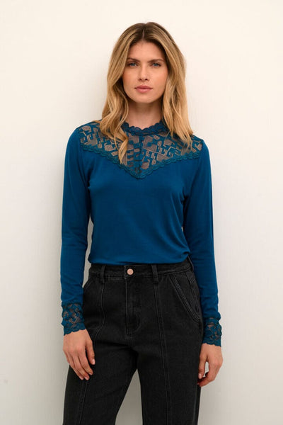 LACE EMBELLISHED BLUE LONG SLEEVE TOP Top CREAM 