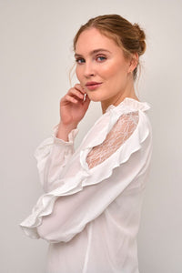 LACE INSERT RUFFLE SLEEVE OFF WHITE BLOUSE Blouse Culture XS Off White 