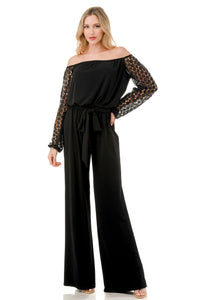 LACE LONG SLEEVE BELTED JUMPSUIT jumpsuit FashionWear Collection S Black 