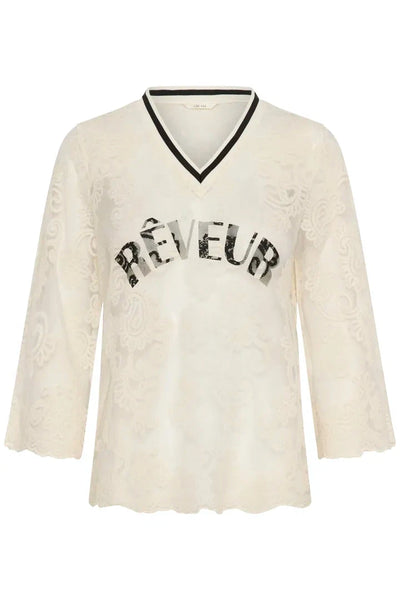 LACE V NECK TOP WITH BLACK DETAIL STRIPE ON NECKLINE Shirts & Tops CREAM 