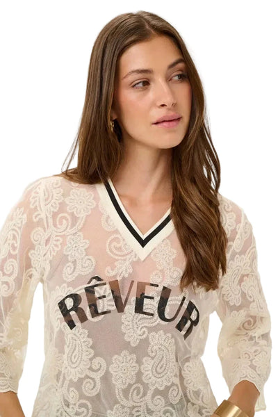 LACE V NECK TOP WITH BLACK DETAIL STRIPE ON NECKLINE Shirts & Tops CREAM 
