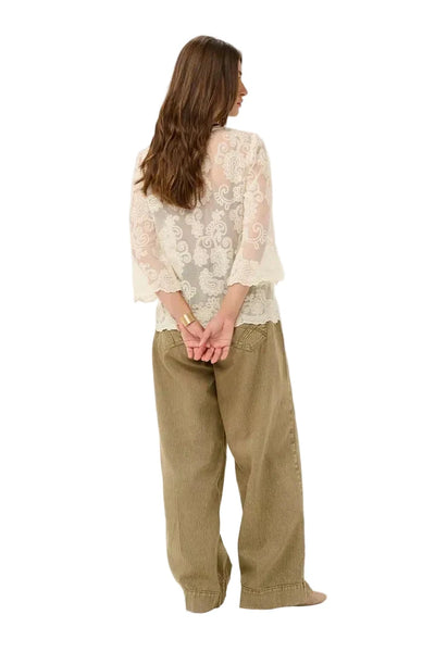 LACE V NECK TOP WITH BLACK DETAIL STRIPE ON NECKLINE Shirts & Tops CREAM 