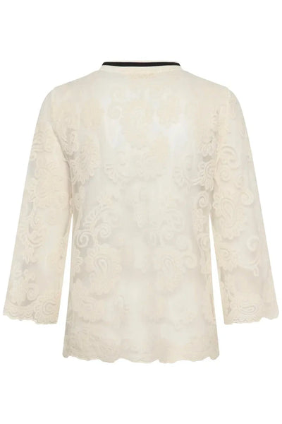 LACE V NECK TOP WITH BLACK DETAIL STRIPE ON NECKLINE Shirts & Tops CREAM 