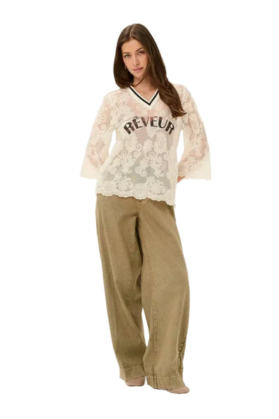 LACE V NECK TOP WITH BLACK DETAIL STRIPE ON NECKLINE Shirts & Tops CREAM 