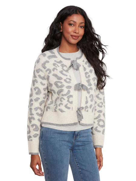 LEOPARD BOW TIE FRONT JACQUARD SWEATER CARDIGAN Cardigan Charlie B 