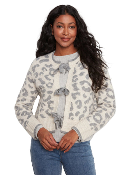 LEOPARD BOW TIE FRONT JACQUARD SWEATER CARDIGAN Cardigan Charlie B 