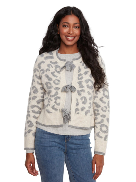 LEOPARD BOW TIE FRONT JACQUARD SWEATER CARDIGAN Cardigan Charlie B XS Snow Leopard 