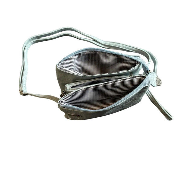 LIGHT BLUE ADJUSTABLE CROSSBODY BAG WITH SILVER CLASP AND MULTI POCKETS Handbag FashionWear Canada 