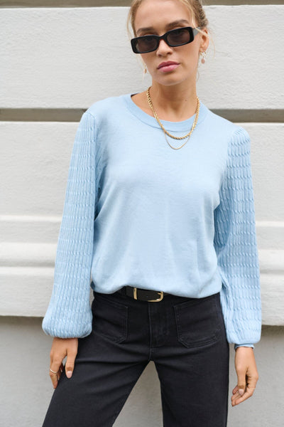 LIGHT BLUE DETAILED SLEEVE CREW NECK SWEATER Sweater Kaffe 