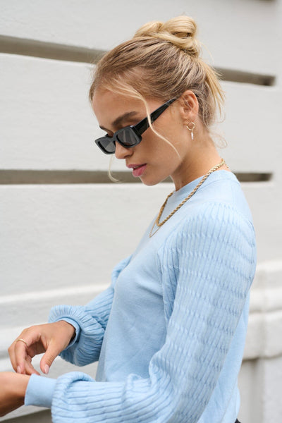 LIGHT BLUE DETAILED SLEEVE CREW NECK SWEATER Sweater Kaffe 