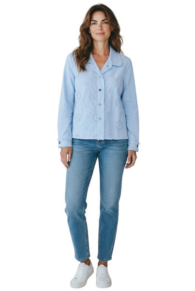 LIGHT BLUE FLORAL EYELET EMBROIDERED JACKET Jacket Femme Fatale S Light Blue 