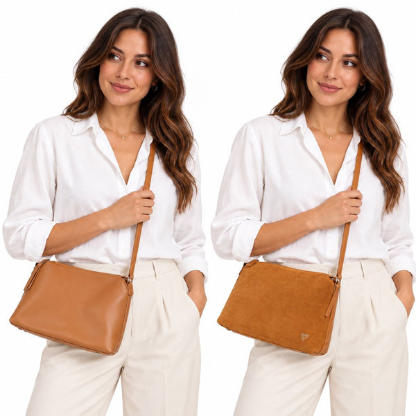 LIGHT BROWN GENUINE LEATHER AND SUEDE SHOULDER HANDBAG Handbag Prenelove OS Light Brown 