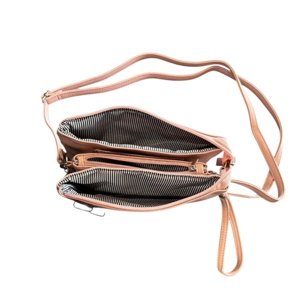 LIGHT PINK ADJUSTABLE CROSSBODY BAG WITH SILVER CLASP AND MULTI POCKETS Handbag FashionWear Canada 