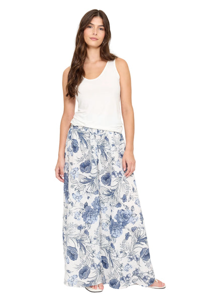 LINEN PALLAZO PANT IN BLUE FLORAL PRINT Pants Pistache XS Blue Floral Print 