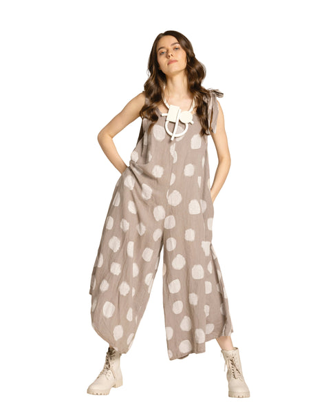 LINEN TAUPE FLOWY POLKA DOT JUMPSUIT WITH TIE STRAPS Jumper Eternelle 