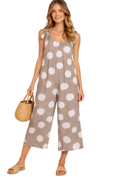 LINEN TAUPE FLOWY POLKA DOT JUMPSUIT WITH TIE STRAPS Jumper Eternelle XS Taupe/White Dots 