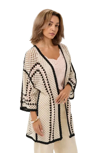 LONG BUTTERFLY DETAIL CROCHET KIMONA T Shirts & Tops CREAM XS/S Beige 