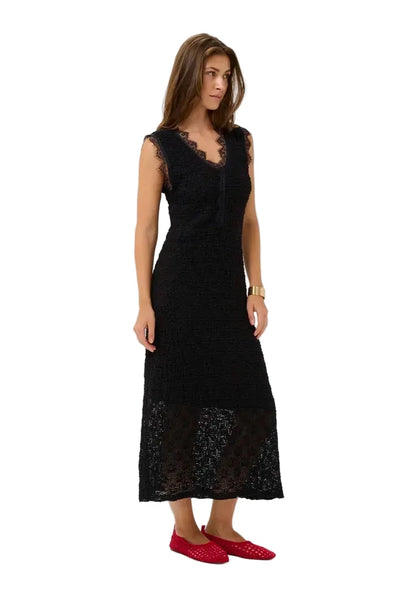 LONG LACE LINED STRETCHY BLACK DRESS Dresses CREAM 