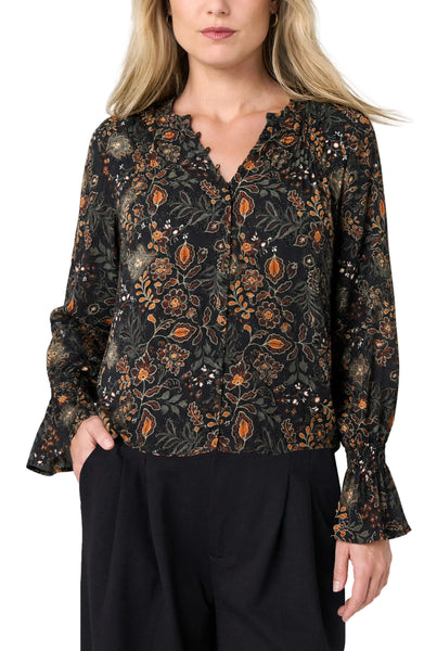 LONG SLEEVE BUTTON FRONT AUTUMN PRINTED WOVEN BLOUSE Shirts & Tops Liverpool S Black Rust 