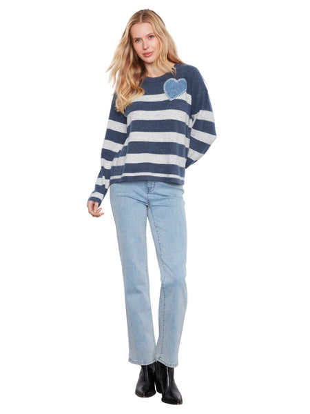 LONG SLEEVE DROP SHOULDER HEART PATCH STRIPED SWEATER SWEATER Charlie B 