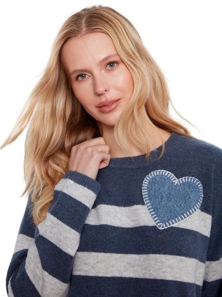 LONG SLEEVE DROP SHOULDER HEART PATCH STRIPED SWEATER SWEATER Charlie B 