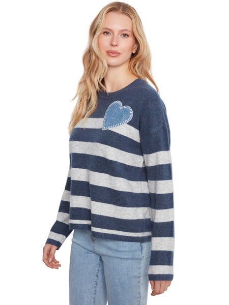 LONG SLEEVE DROP SHOULDER HEART PATCH STRIPED SWEATER SWEATER Charlie B 