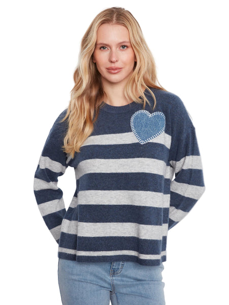 LONG SLEEVE DROP SHOULDER HEART PATCH STRIPED SWEATER SWEATER Charlie B XS Blue Denim Stripes 