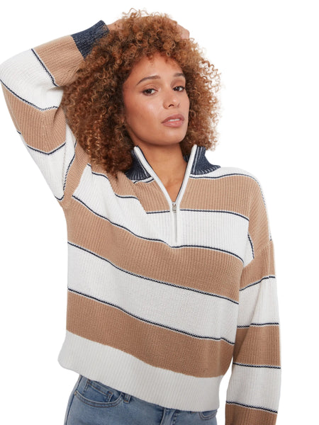 LONG SLEEVE DROP SHOULDER ZIPPED MOCK NECK STRIPED SWEATER SWEATER Charlie B 