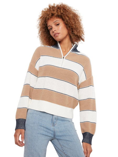 LONG SLEEVE DROP SHOULDER ZIPPED MOCK NECK STRIPED SWEATER SWEATER Charlie B 