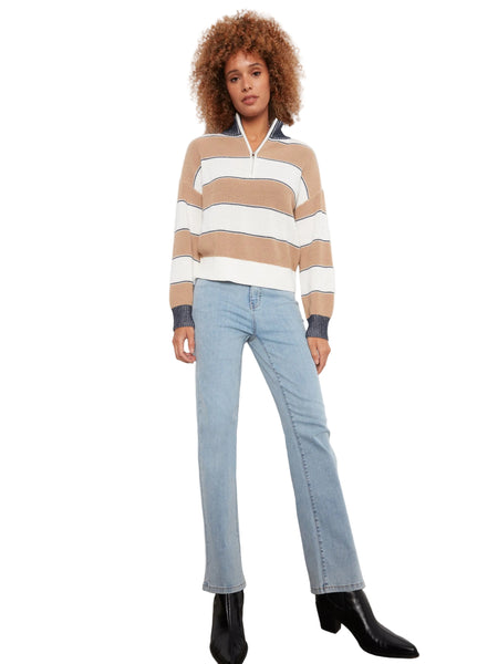 LONG SLEEVE DROP SHOULDER ZIPPED MOCK NECK STRIPED SWEATER SWEATER Charlie B 