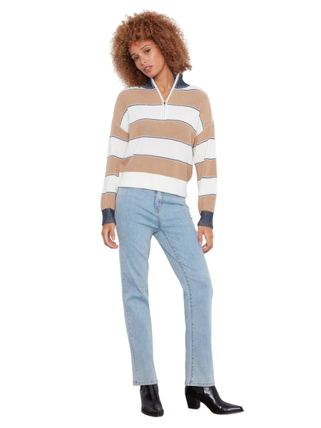 LONG SLEEVE DROP SHOULDER ZIPPED MOCK NECK STRIPED SWEATER SWEATER Charlie B 