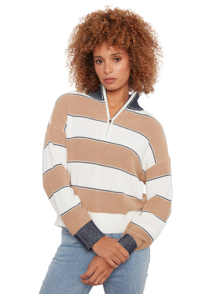 LONG SLEEVE DROP SHOULDER ZIPPED MOCK NECK STRIPED SWEATER SWEATER Charlie B 